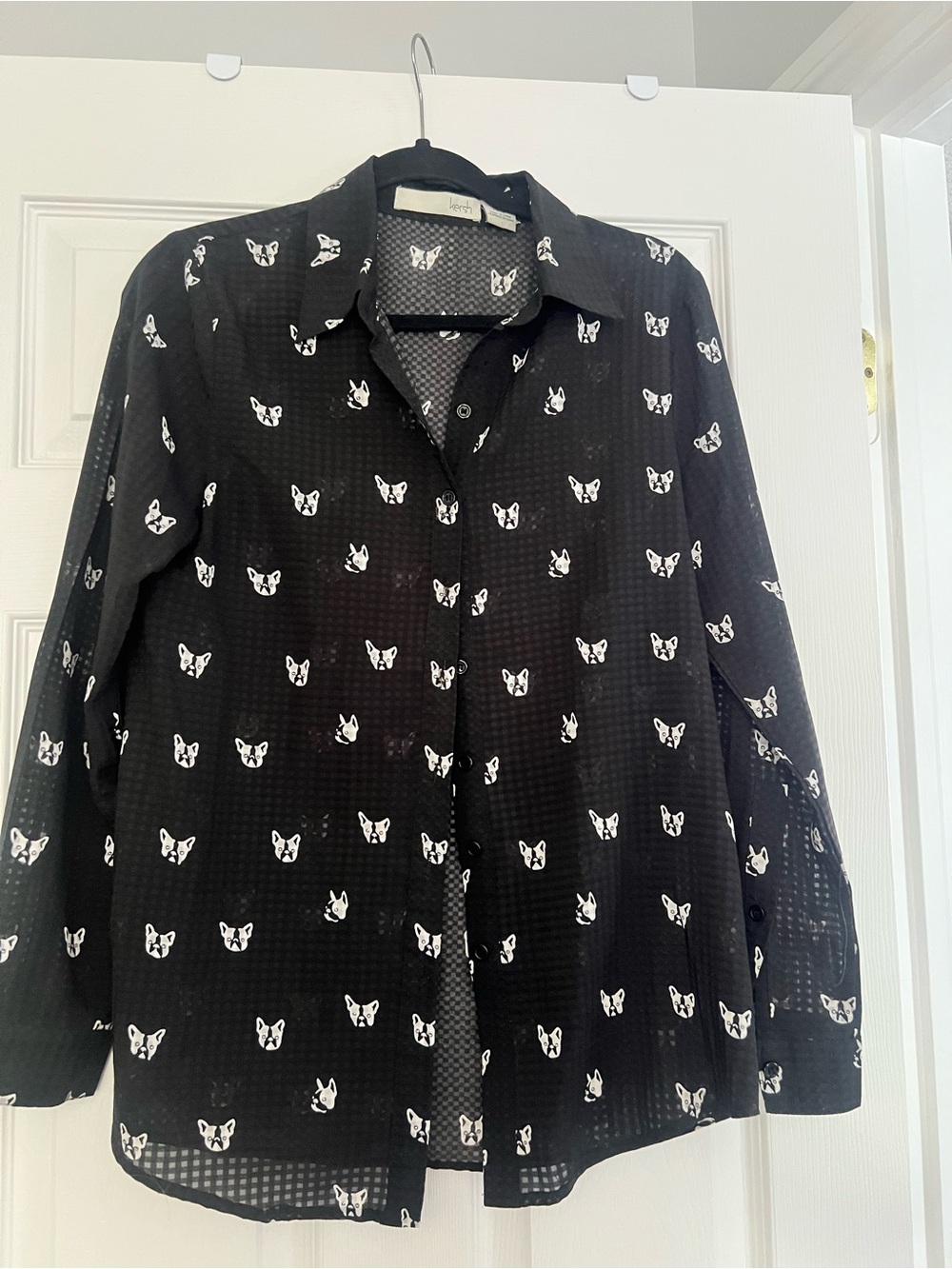 Kersh Black Button-Up Shirt with White Dog Print